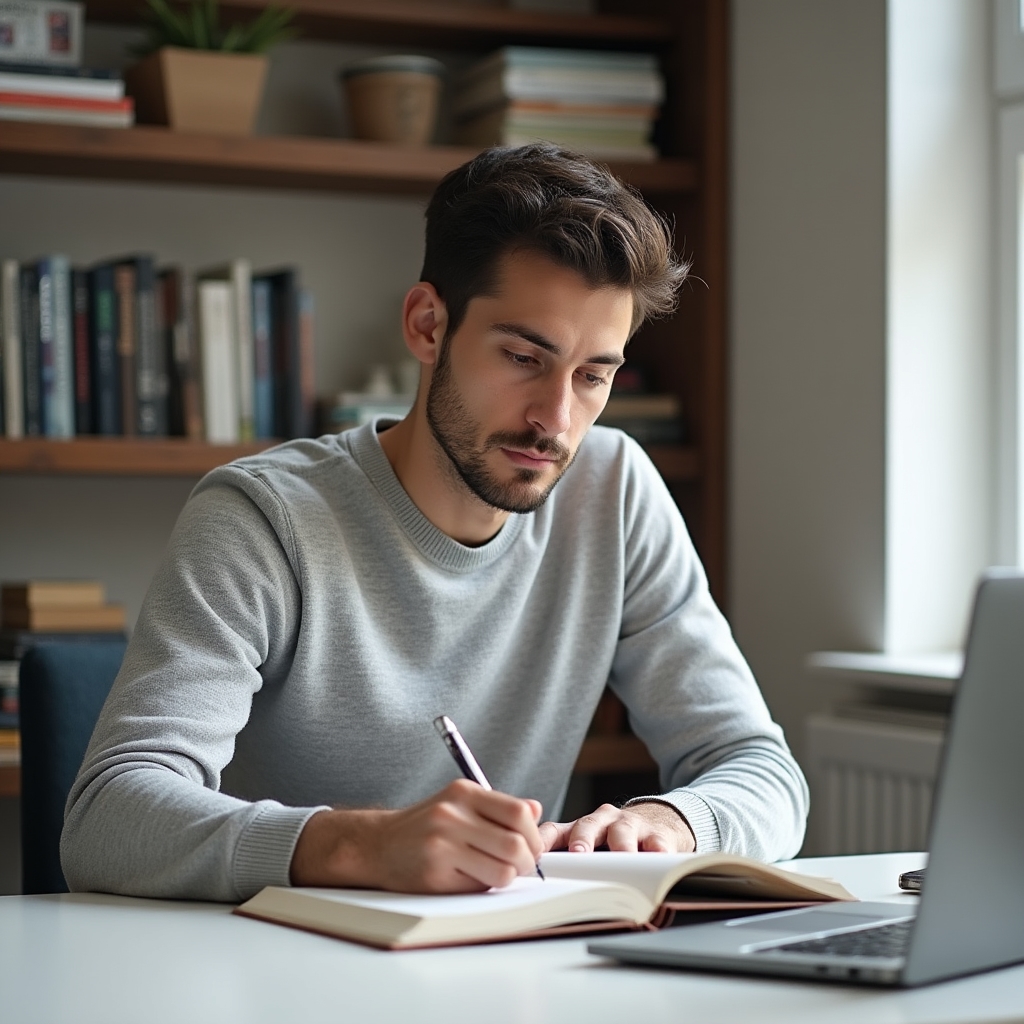 Selbstständige Person an einem aufgeräumten Schreibtisch mit Notizbuch und Laptop