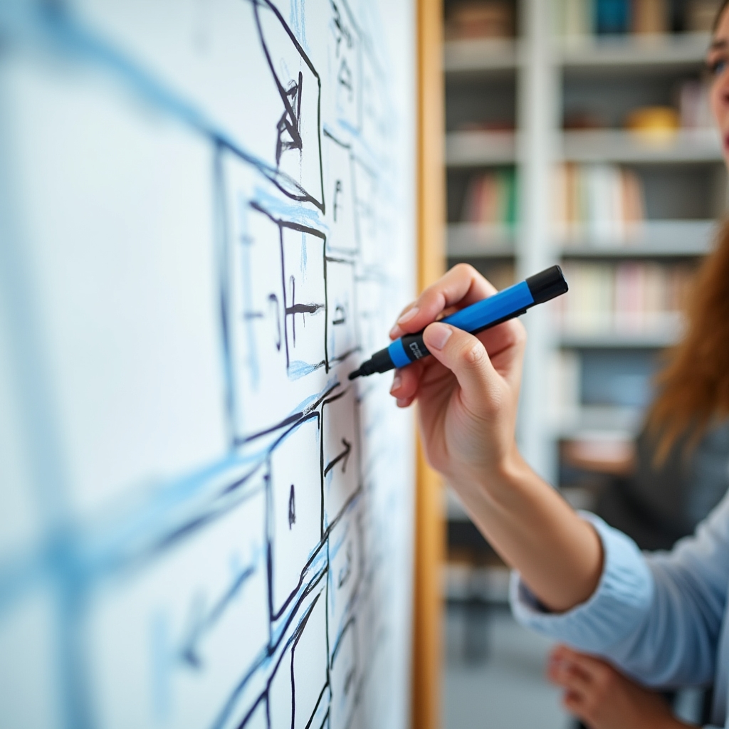 Strategieplanung auf einem Whiteboard mit Notizen und Strukturdiagrammen