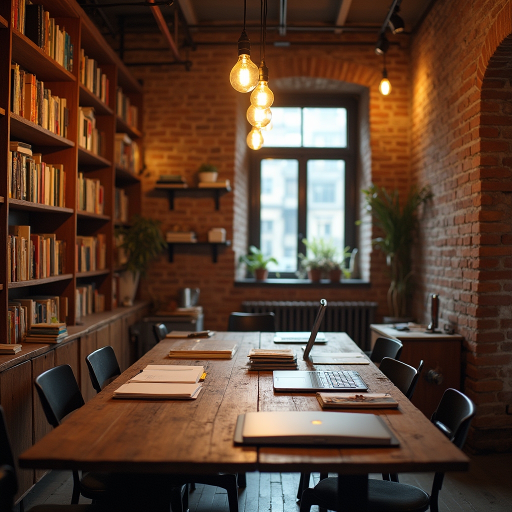 Modernes Arbeitsstudio in Wien mit Bücherwand und Schreibtisch